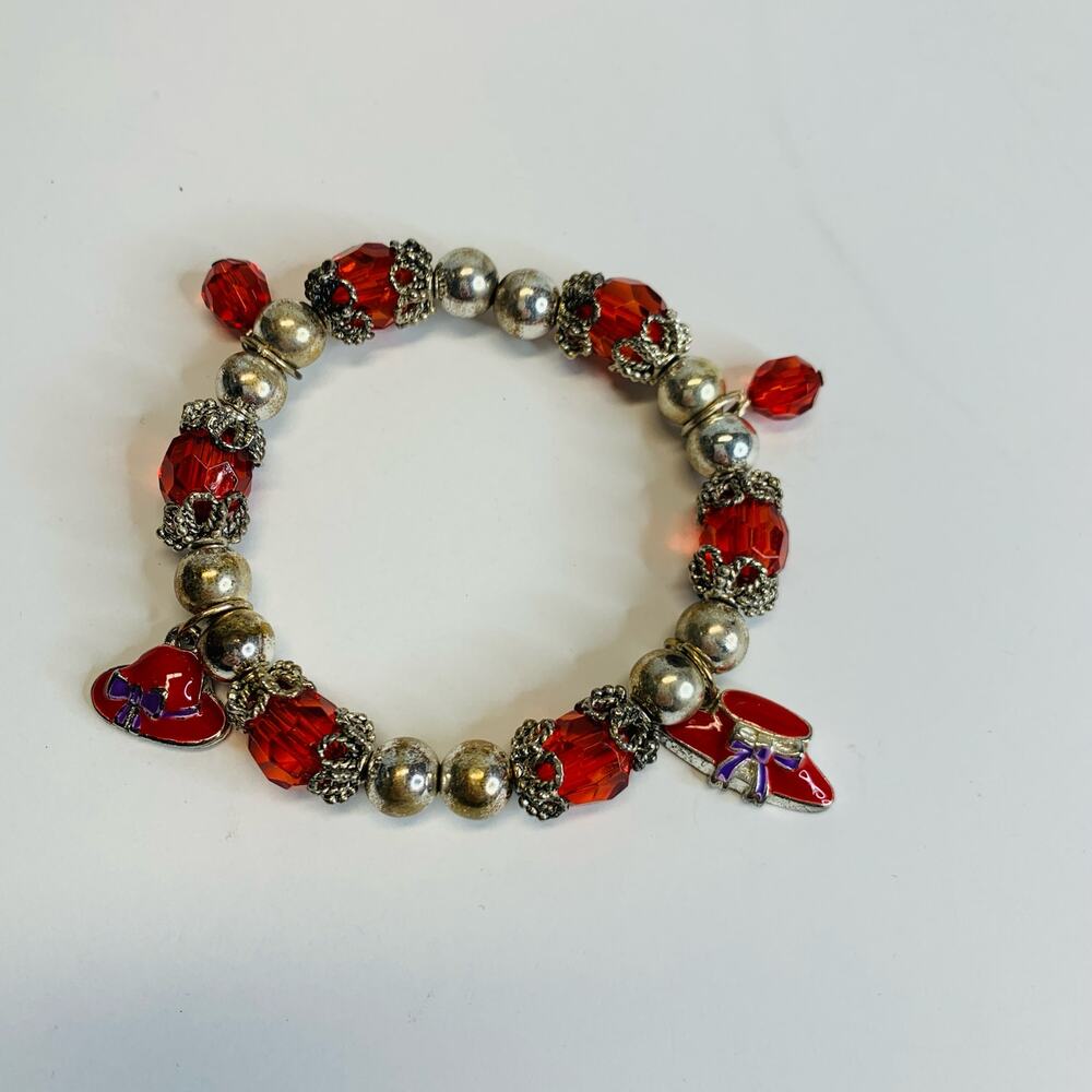 Set 2 Silver Red Hat Stretch Beaded Bracelets
